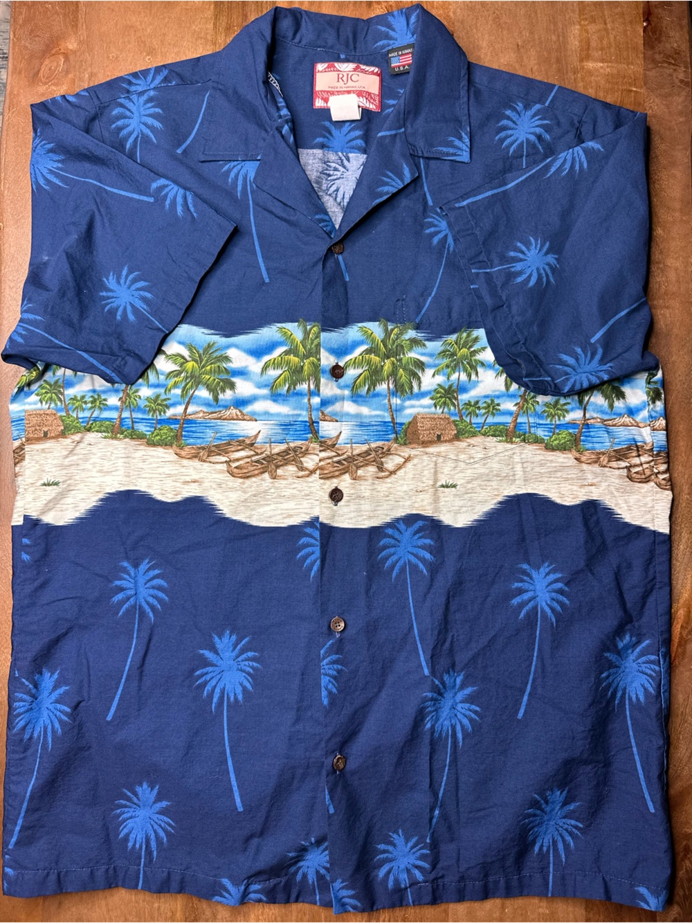 RJC Vintage Hawaiian Button-Up Shirt in Navy with Tropical Border